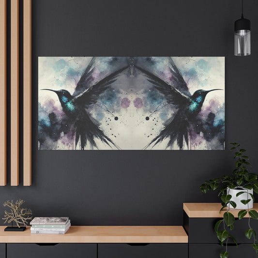 Matte Canvas Art Print, Original Abstract Watercolor NightBird Reflection 2 Hummingbirds Portrait, 7 Sizes, Modern Stately Home Decor