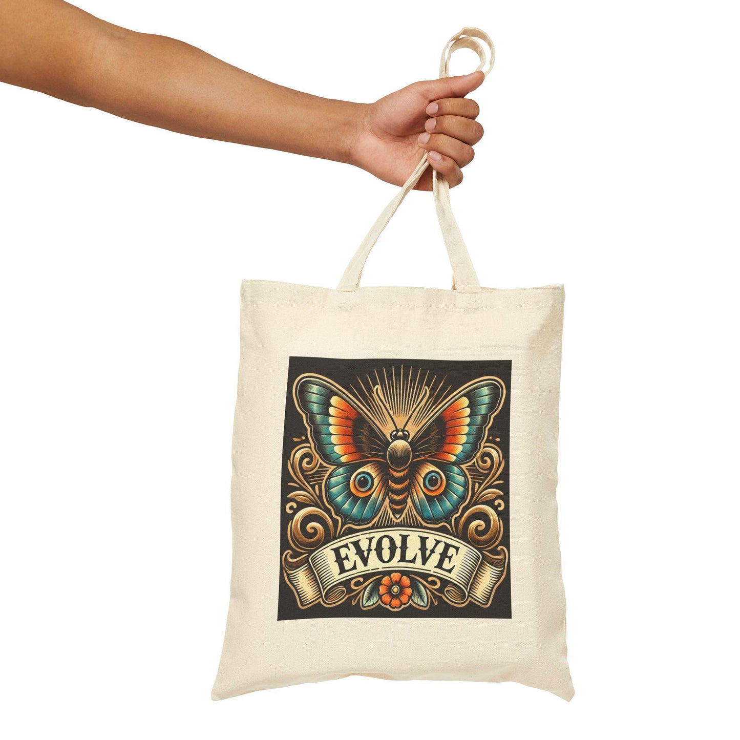 Butterfly Tote Bag, EVOLVE Vintage Tattoo Design, Durable Market Bag, Book Lover Gift, Reusable Grocery Bag, Eco-Friendly, Canvas Tote