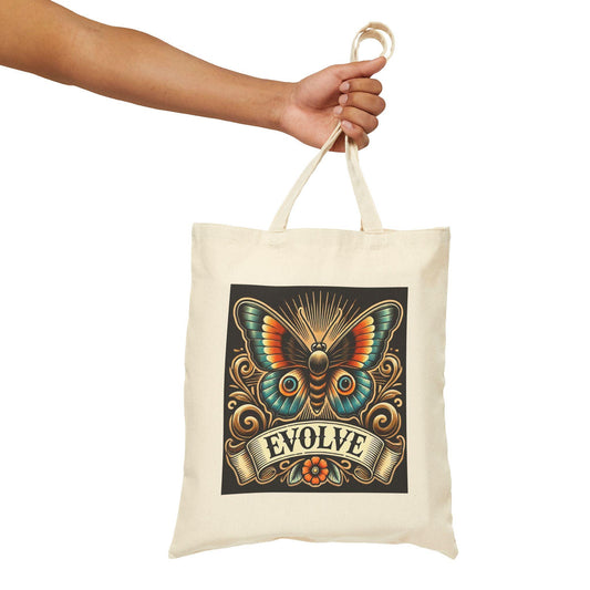 Butterfly Tote Bag, EVOLVE Vintage Tattoo Design, Durable Market Bag, Book Lover Gift, Reusable Grocery Bag, Eco-Friendly, Canvas Tote