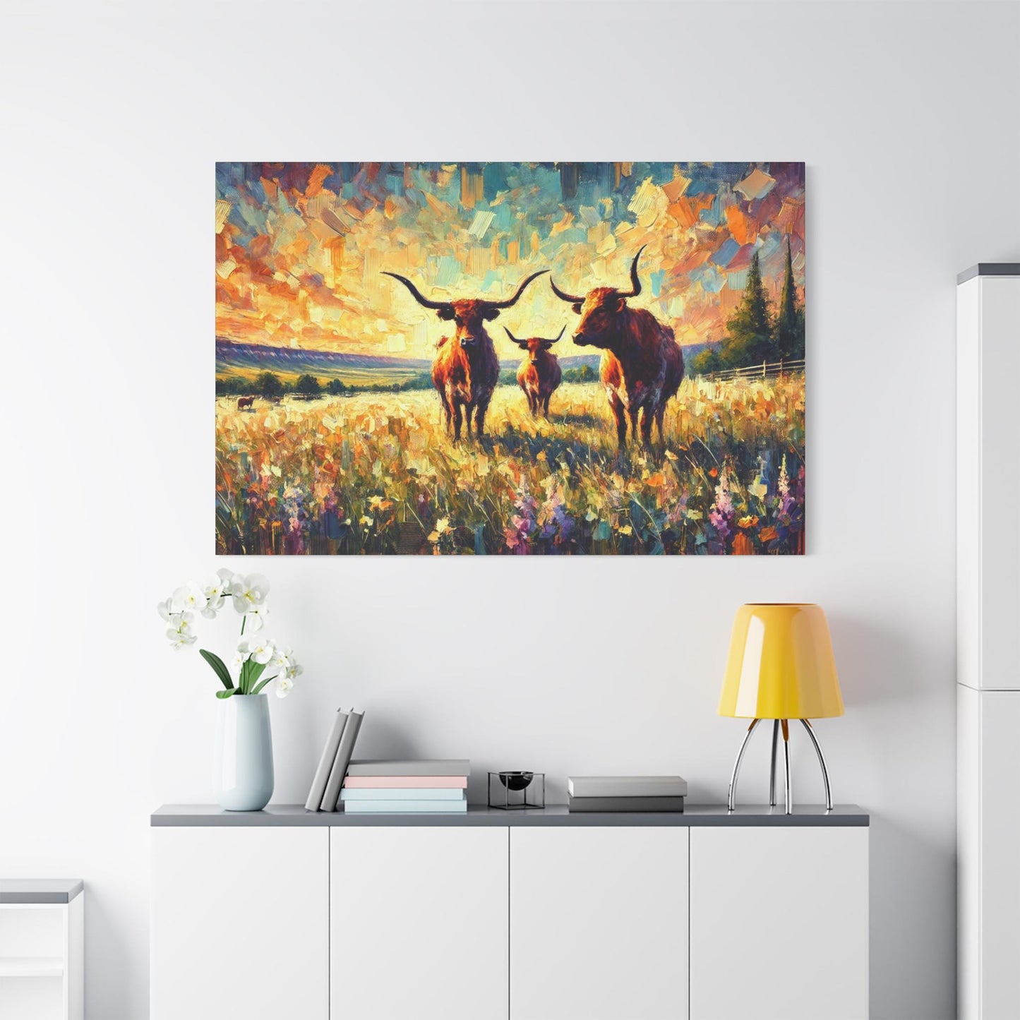 Original Texas Hill Country Longhorn Canvas Print, Matte Stretched Art, 7 Sizes Available, Wall Decor, Landscape Painting, Home Office Decor