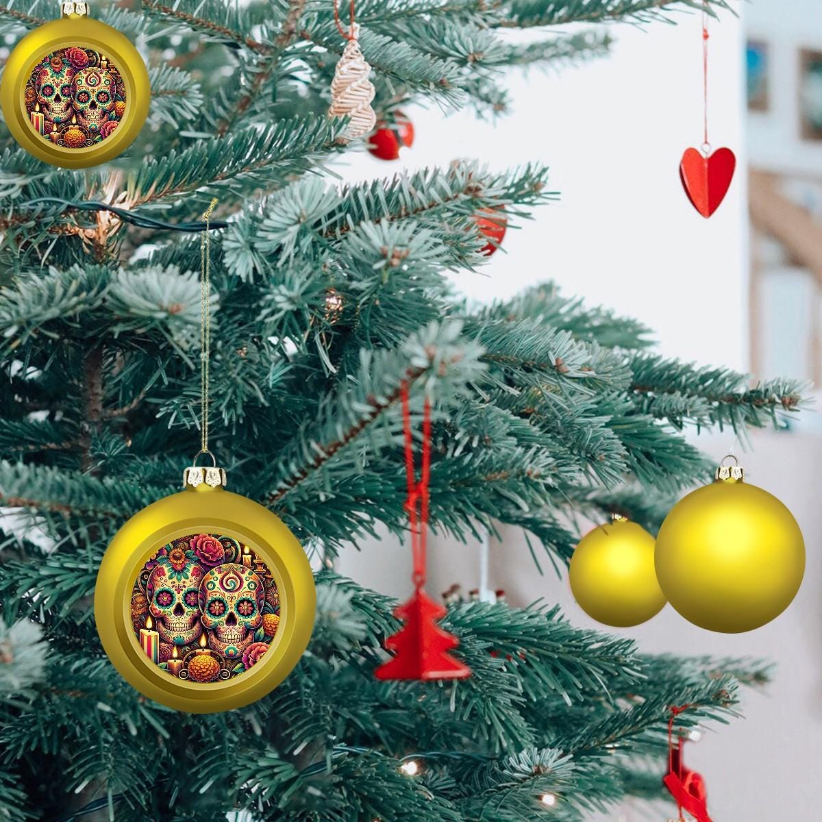 Ornament Set of 2 or 4, Festive Holiday Decor, Christmas Ball Decoration, Custom Sugar Skulls Design, Dia de los Muertos, Unique Tree Trim