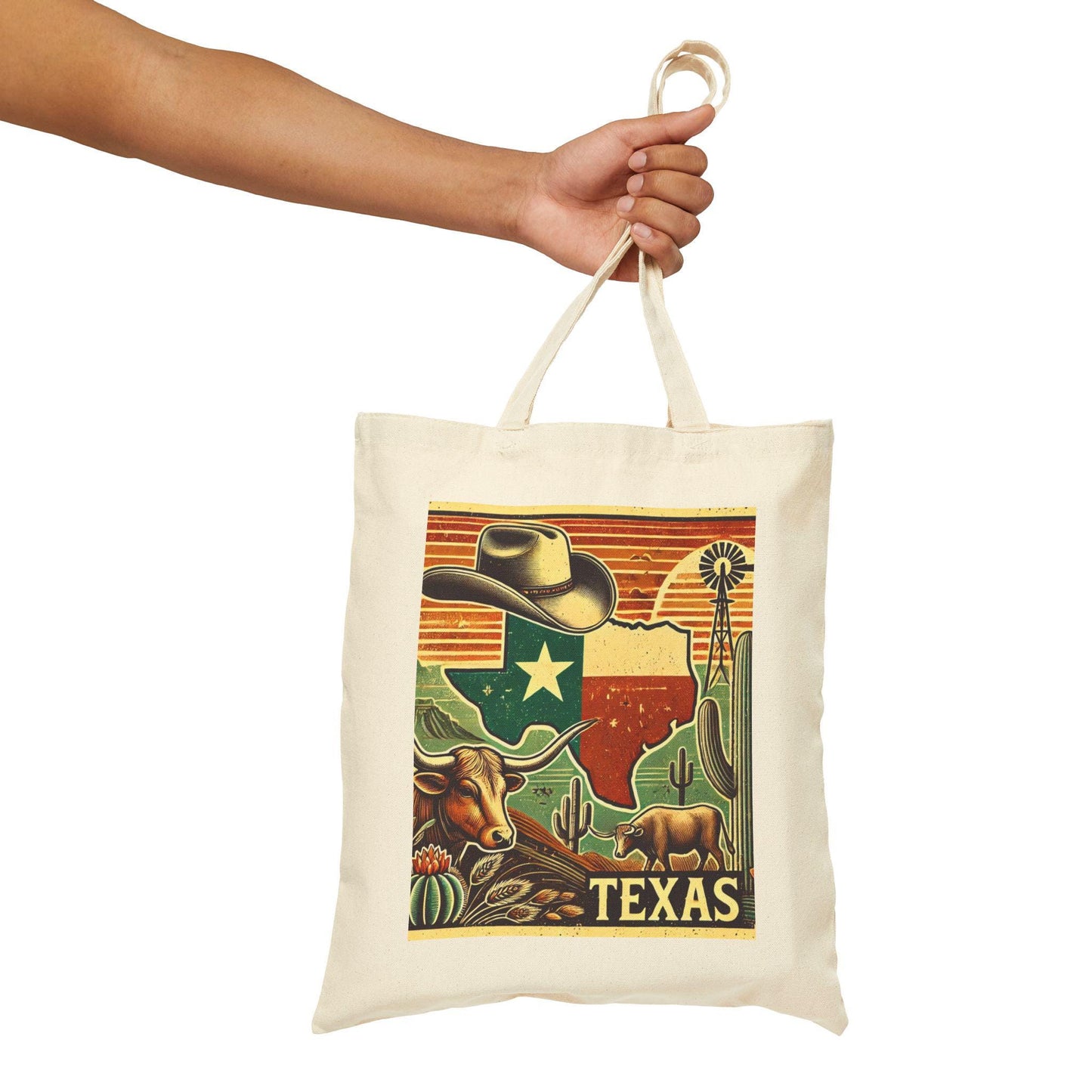 Texas Cotton Canvas Tote Bag, Texas Longhorn Design, Texas Tote, Reusable Grocery Bag, Shopping Bag