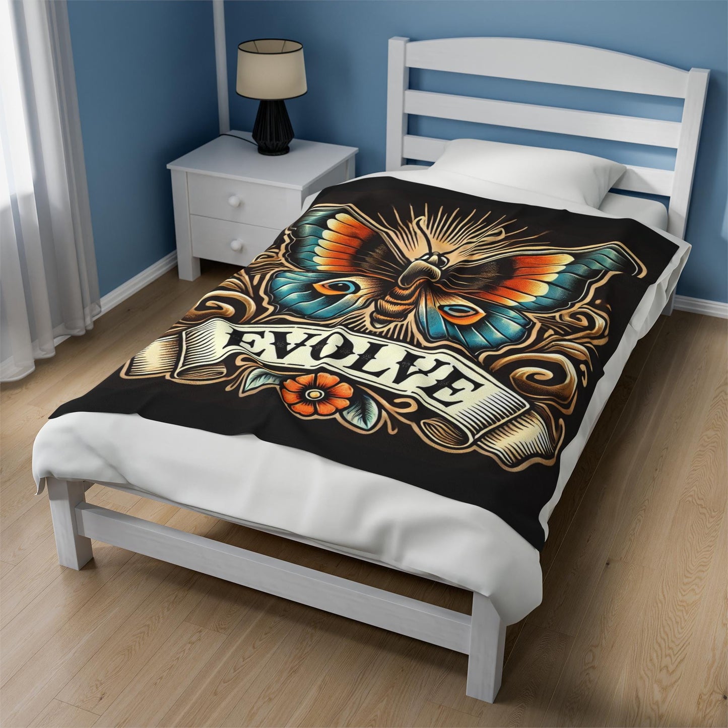 Butterly Plush Blanket - Vintage Tattoo EVOLVE Design, Fleece Throw, Housewarming Gift, Nature Theme, Warm Bedding, Tattoo Lover