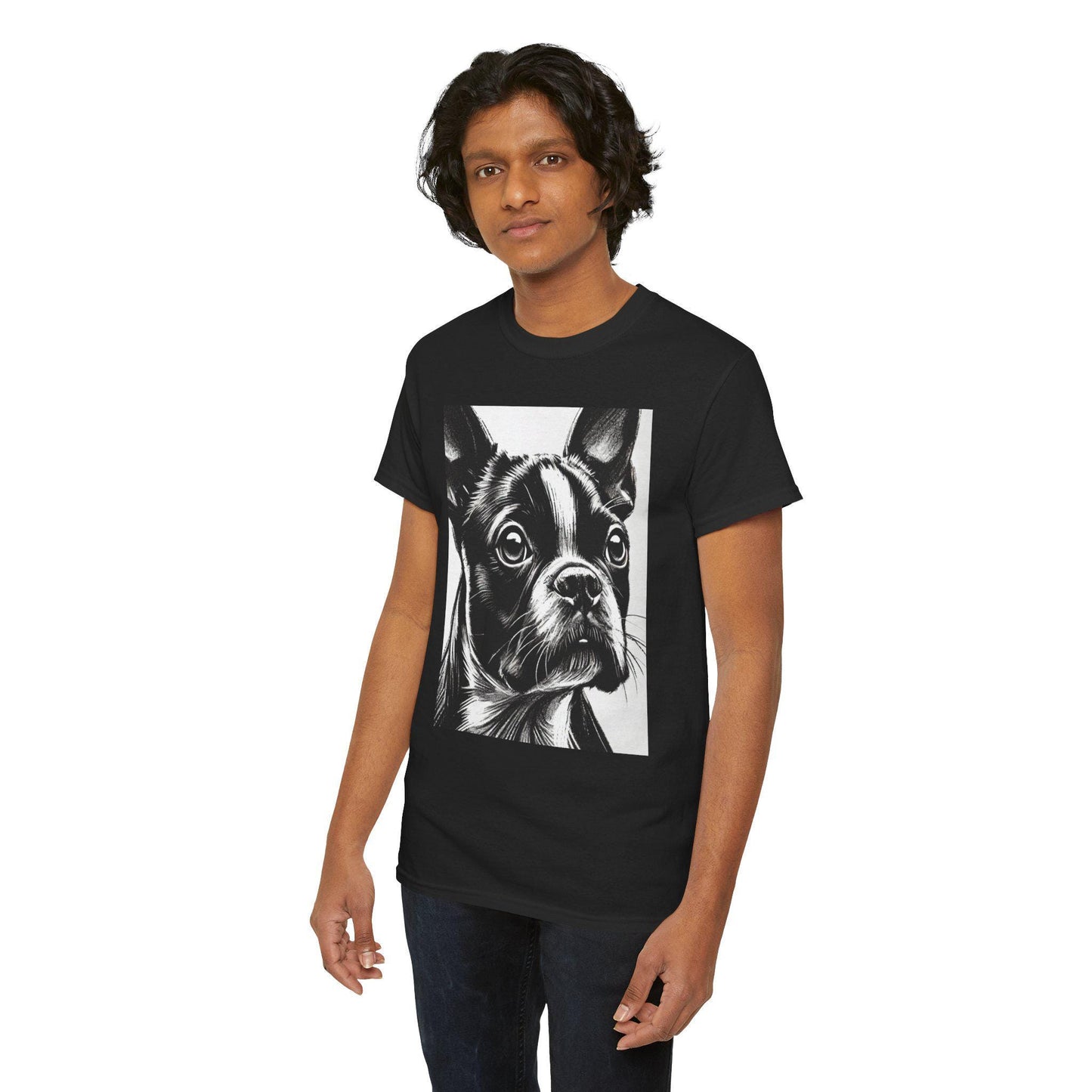 Dog Tee, Boston Terrier Charcoal Sketch Design, Unisex LGBT Boston Dog Lover Gift, Gay Graphic Top, Unisex Heavy Cotton T-shirt, 7 Colors