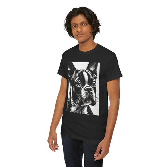 Dog Tee, Boston Terrier Charcoal Sketch Design, Unisex LGBT Boston Dog Lover Gift, Gay Graphic Top, Unisex Heavy Cotton T-shirt, 7 Colors