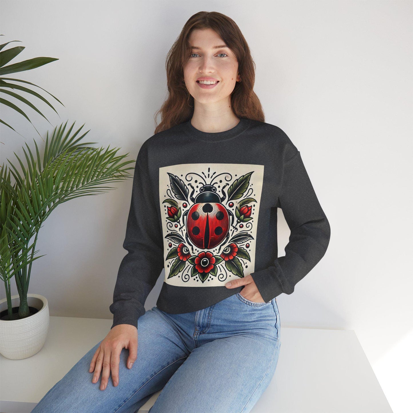 Lady Bug Sweatshirt, Vintage Tattoo Design, Unisex Crewneck Jumper, Bee Pullover, Gift for Nature Lover, Retro Style, Gardening