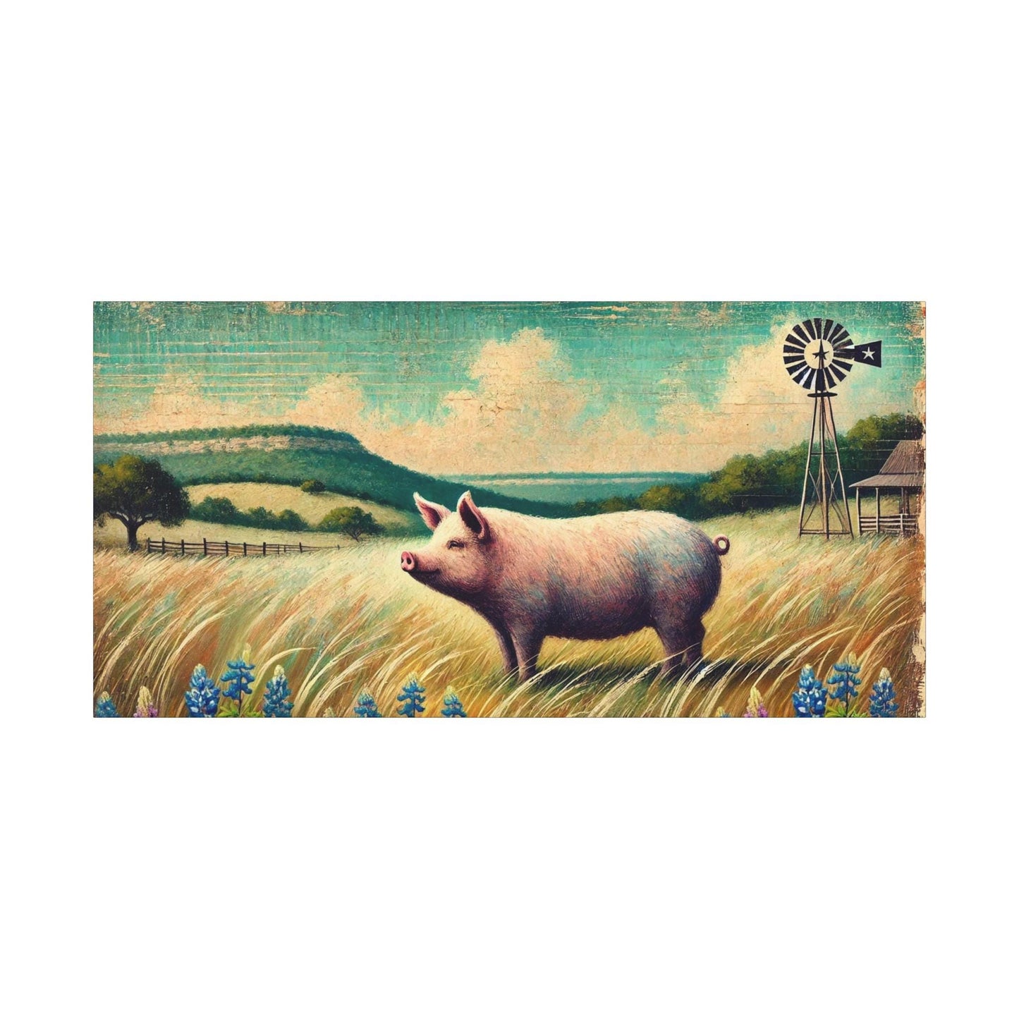Original Primitive Folk Art Pig Canvas Print, Matte Stretched Wall Art, 7 Sizes Available, Landscape Painting, Home Office Decor, Pig Lover