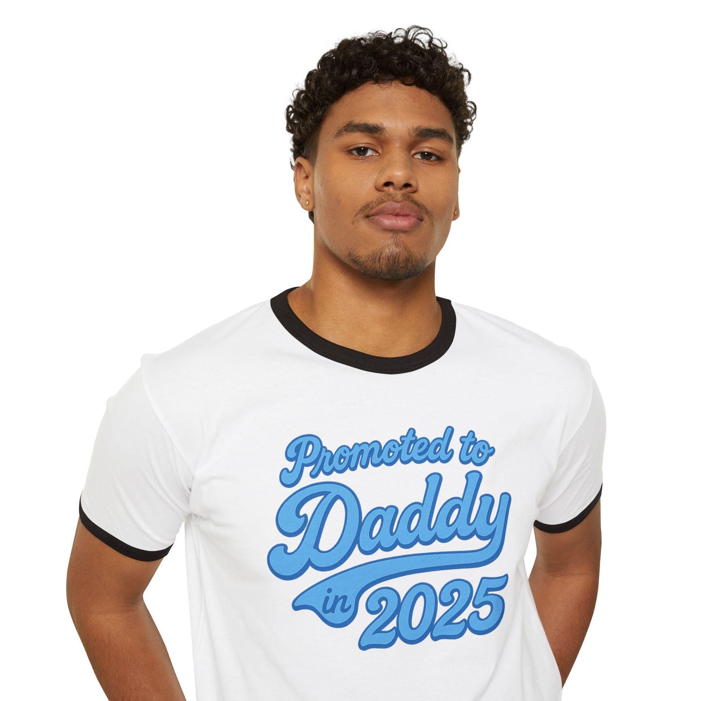 Customizable 'Promoted to Daddy 2025' Ringer T-Shirt, Father's Day Gift, New Dad Announcement Tee, Gender Reveal Shirt, Unisex Cotton Top
