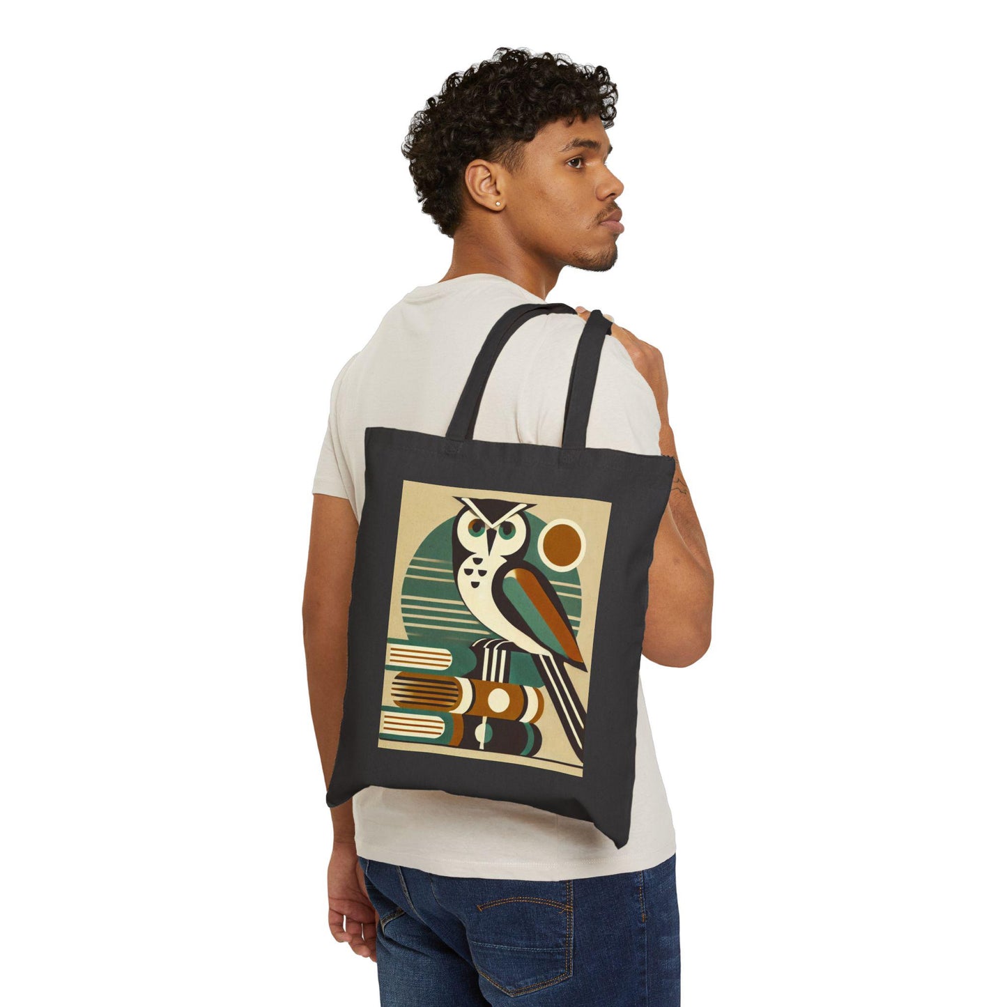Mid-Century Modern Owl Cotton Canvas Tote Bag - Owl Lover Gift, Retro Shoulder Bag, Owl Shopping Bag, Vintage Tote, Book Lover