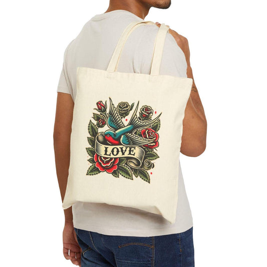 Bird Tote Bag, LOVE Vintage Tattoo Design, Durable Market Bag, Tattoo Lover Gift, Reusable Grocery Bag, Eco-Friendly, Canvas Tote, Nature