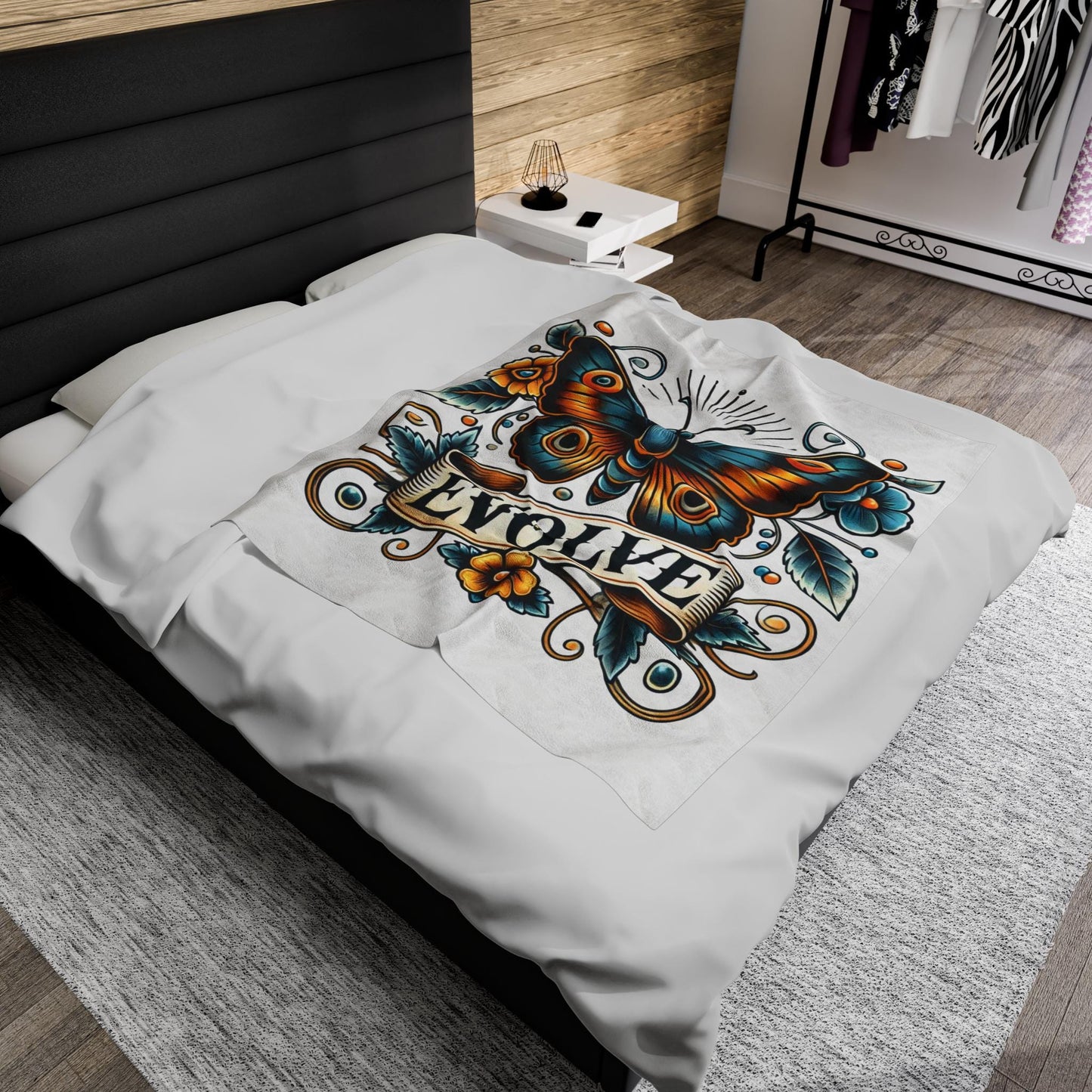 Butterfly Plush Blanket - Vintage Tattoo EVOLVE Design, Fleece Throw, Housewarming Gift, Nature Theme, Warm Bedding, Tattoo Lover