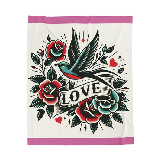 Bird Plush Blanket - Vintage Tattoo LOVE Design, Fleece Throw, Housewarming Gift, Nature Theme, Warm Bedding, Tattoo Lover