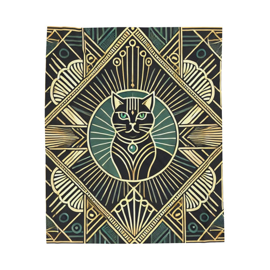 Plush Blanket, Art Deco Cat Design - Cozy Throw, Lightweight Blanket, Vintage Chic Home Decor, Cat Lover Gift, Animal Print Bedding