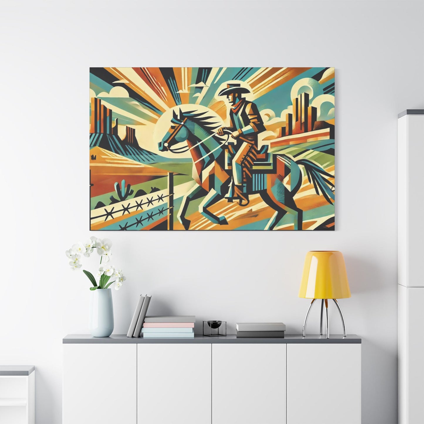 Original Modern Cubist Southwestern Canvas Print, Matte Stretched Horse Art, 7 Sizes, Wall Decor, Landscape Painting, Home Office Decor