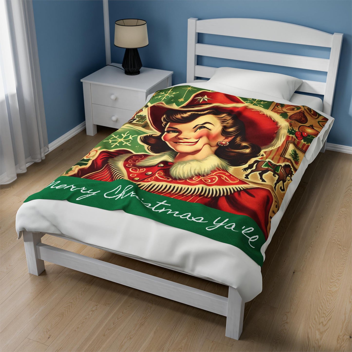 Plush Blanket, Cowgirl Mrs. Claus Design, Fleece Throw, Housewarming Gift, Holiday Home Decor, Rustic Country Christmas Theme, Warm Bedding