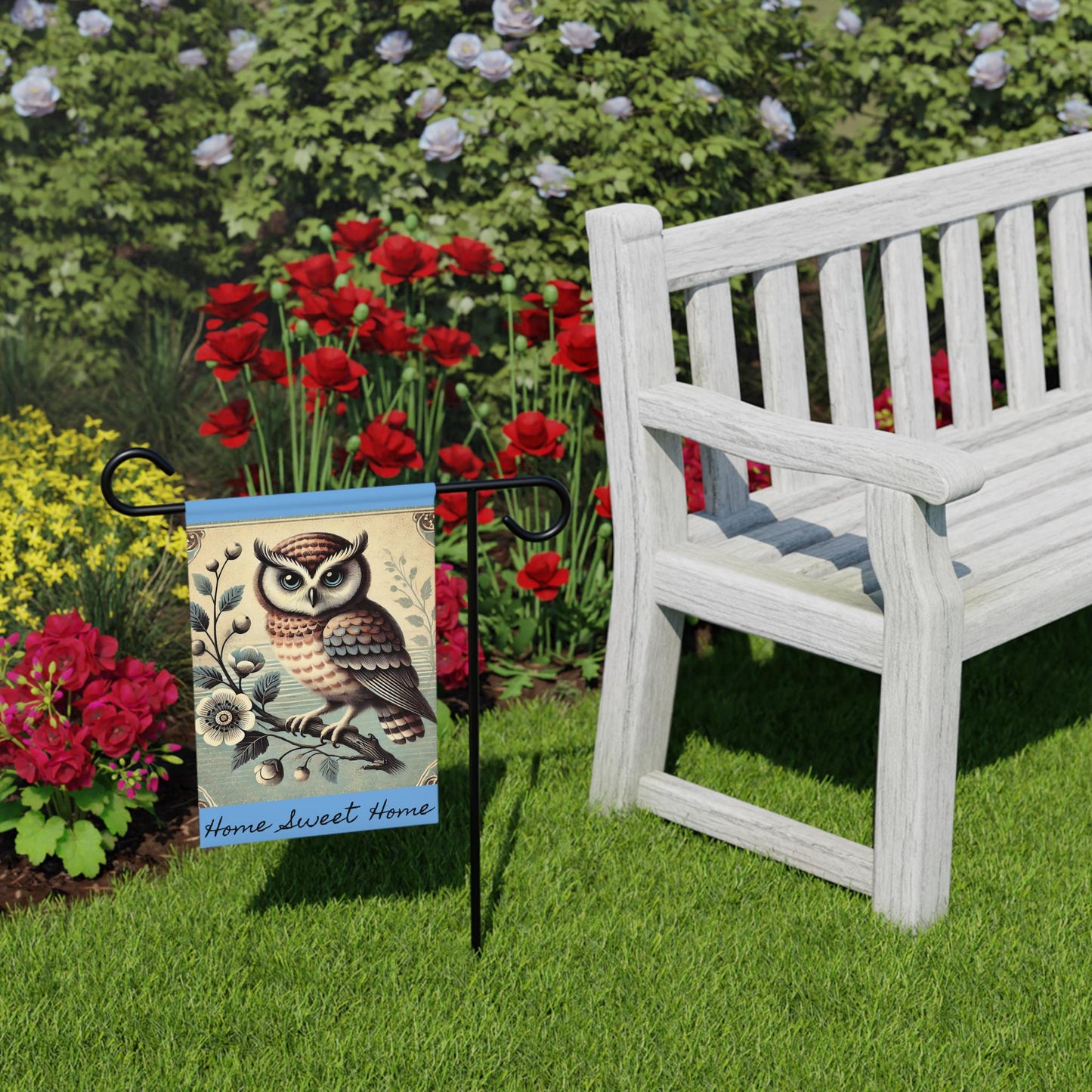 Garden Banner, Blues Owl - Mid-Century Modern Autumn Theme, Nature Lovers Outdoor Flag Decor, Fall Yard Decoration, Garden Wall Art, Owl