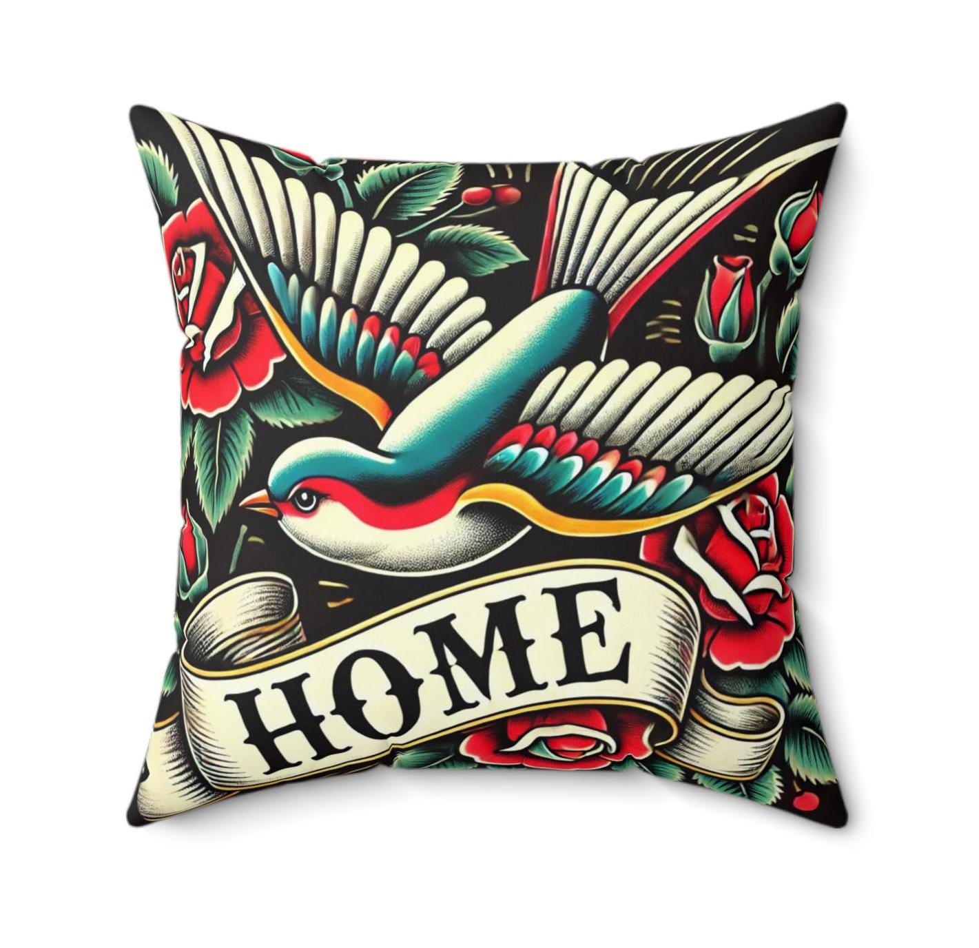 Square Pillow, Vintage Tattoo HOME Design, Retro Charm, Housewarming Gift, Spun Polyester Cushion Cover, Tattoo Lover, Soft Throw Pillow