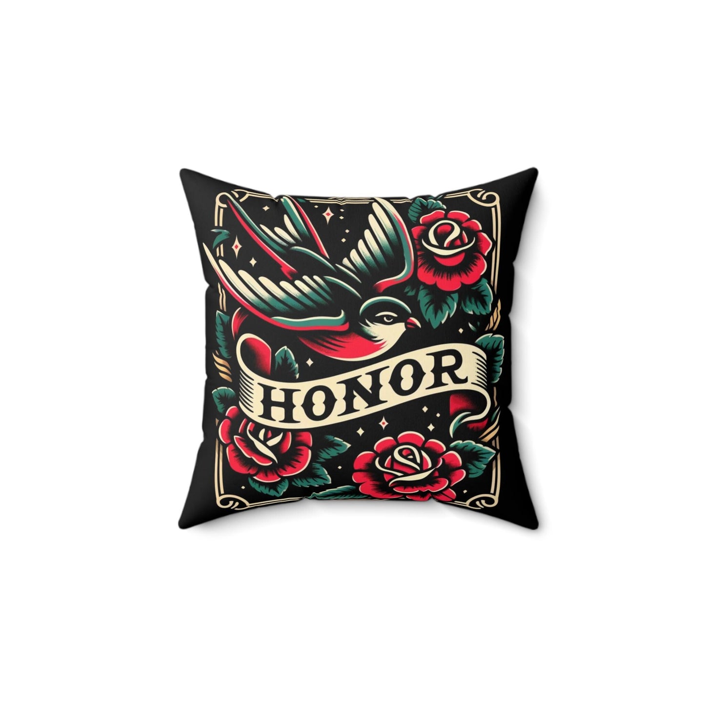 Square Pillow, Vintage Tattoo HONOR Design, Retro Charm, Housewarming Gift, Spun Polyester Cushion Cover, Tattoo Lover, Soft Throw Pillow