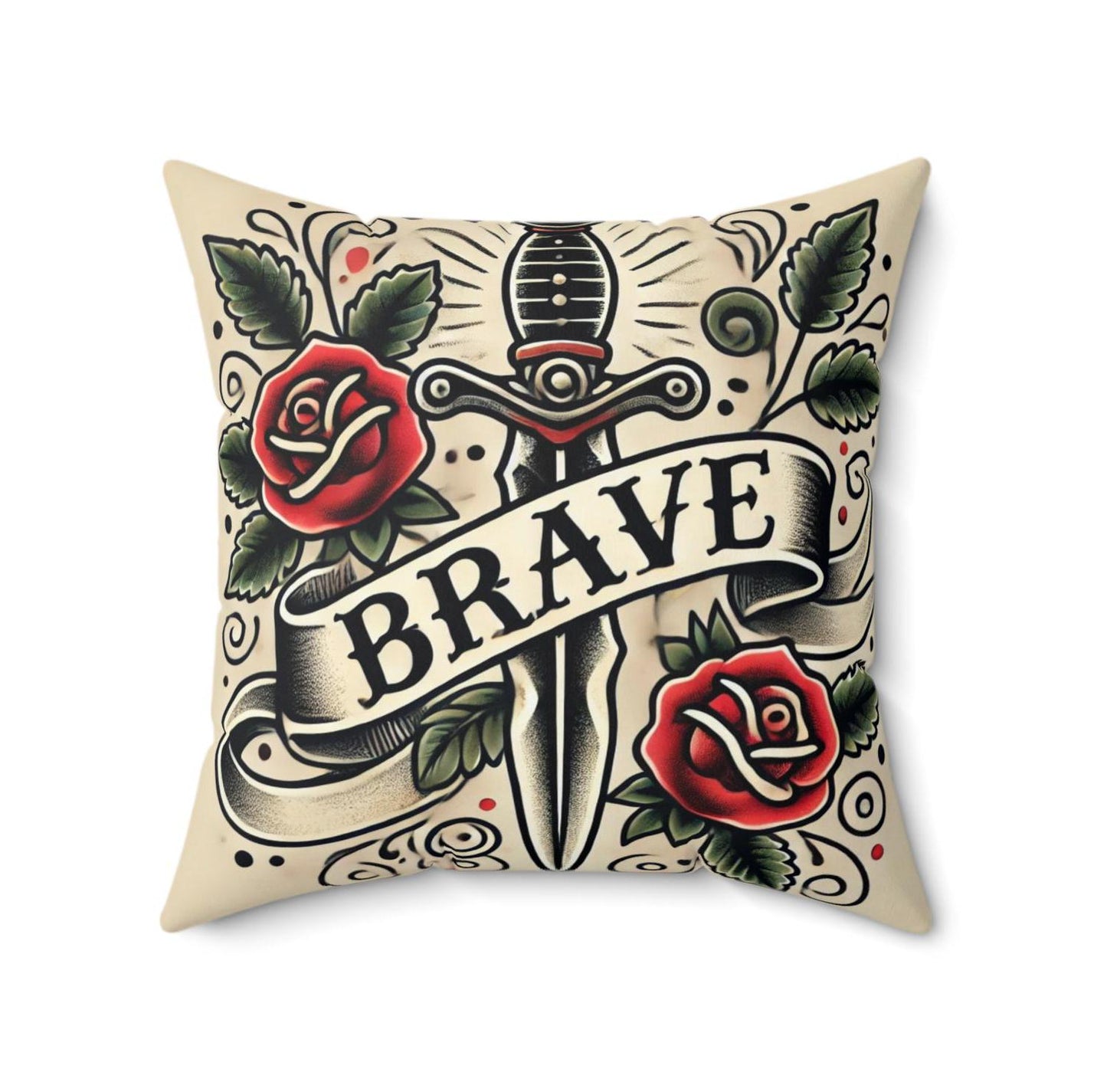 Square Pillow, Vintage Tattoo BRAVE Design, Retro Charm, Housewarming Gift, Spun Polyester Cushion Cover, Tattoo Lover, Soft Throw Pillow