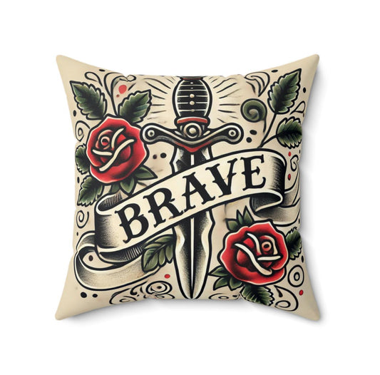 Square Pillow, Vintage Tattoo BRAVE Design, Retro Charm, Housewarming Gift, Spun Polyester Cushion Cover, Tattoo Lover, Soft Throw Pillow