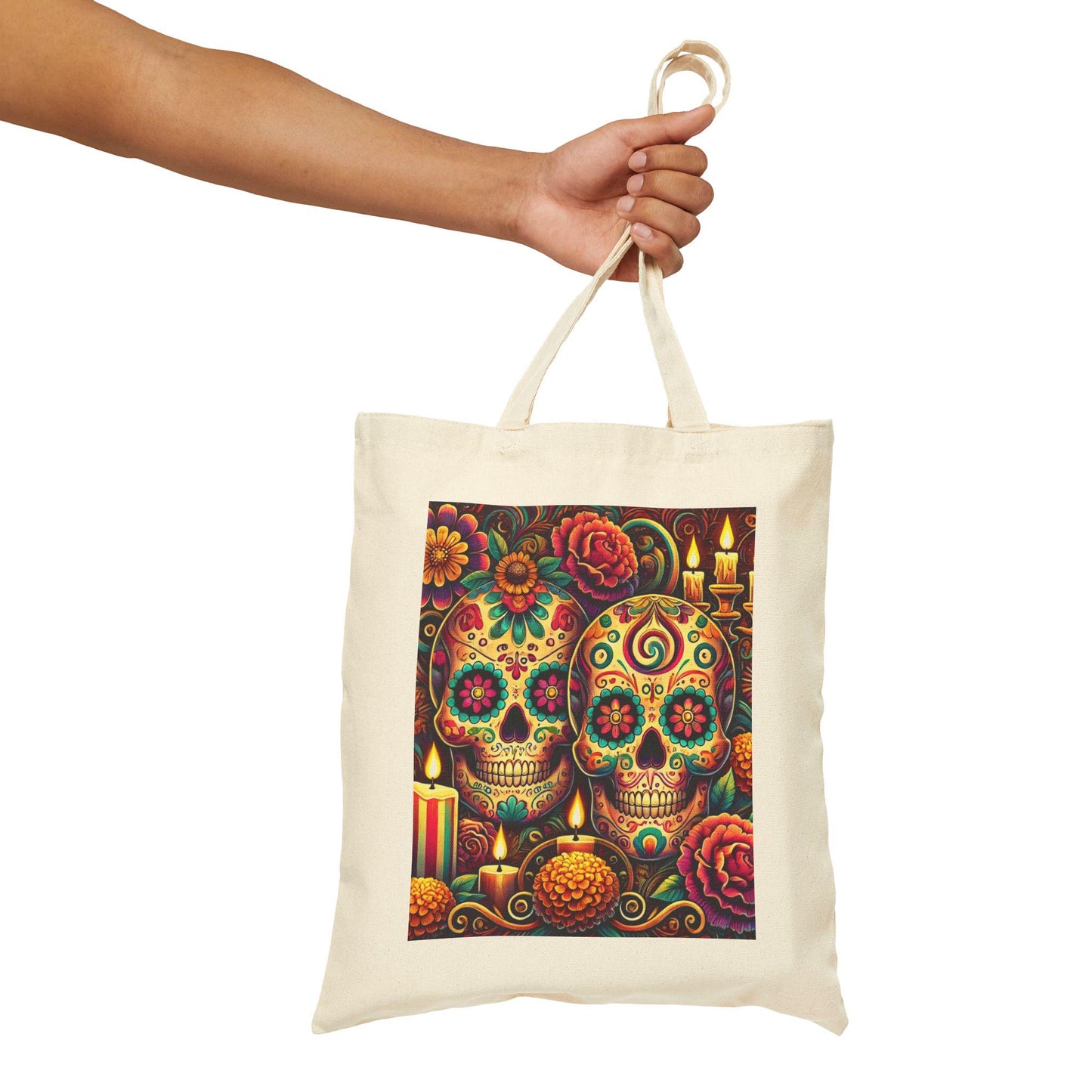 Sugar Skulls Cotton Canvas Tote Bag, Day of the Dead, Durable Market Bag, Boho Shopping Tote, Reusable Grocery Bag, Eco-Friendly Bag