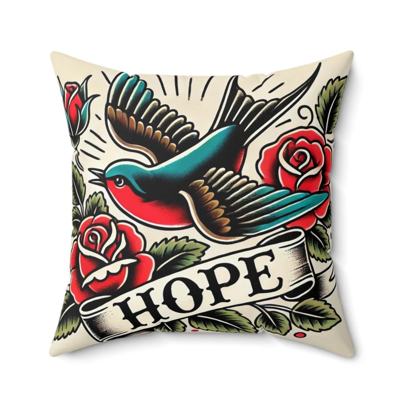 Square Pillow, Vintage Tattoo HOPE Design, Retro Charm, Housewarming Gift, Spun Polyester Cushion Cover, Tattoo Lover, Soft Throw Pillow