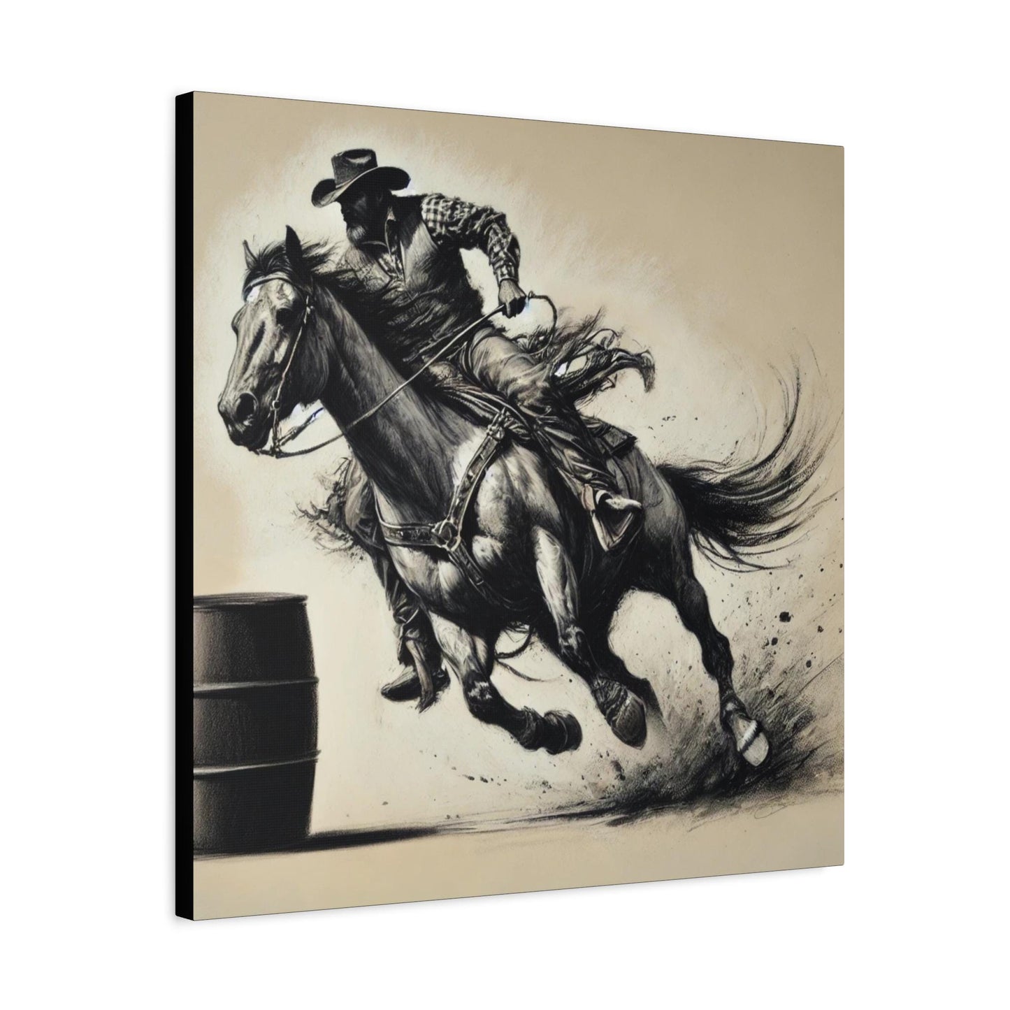 Canvas Print, Cowboy Charcoal Sketch Barrel Racer Design, Rustic Home Decor, Animal Lover Gift, Nature Print, Matte Stretched Wall Art