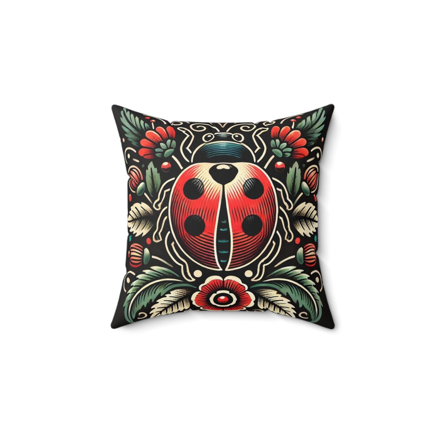 Ladybug Square Pillow, Vintage Tattoo Design, Retro Charm, Housewarming Gift, Spun Polyester Cushion Cover, Nature Lover, Soft Throw Pillow