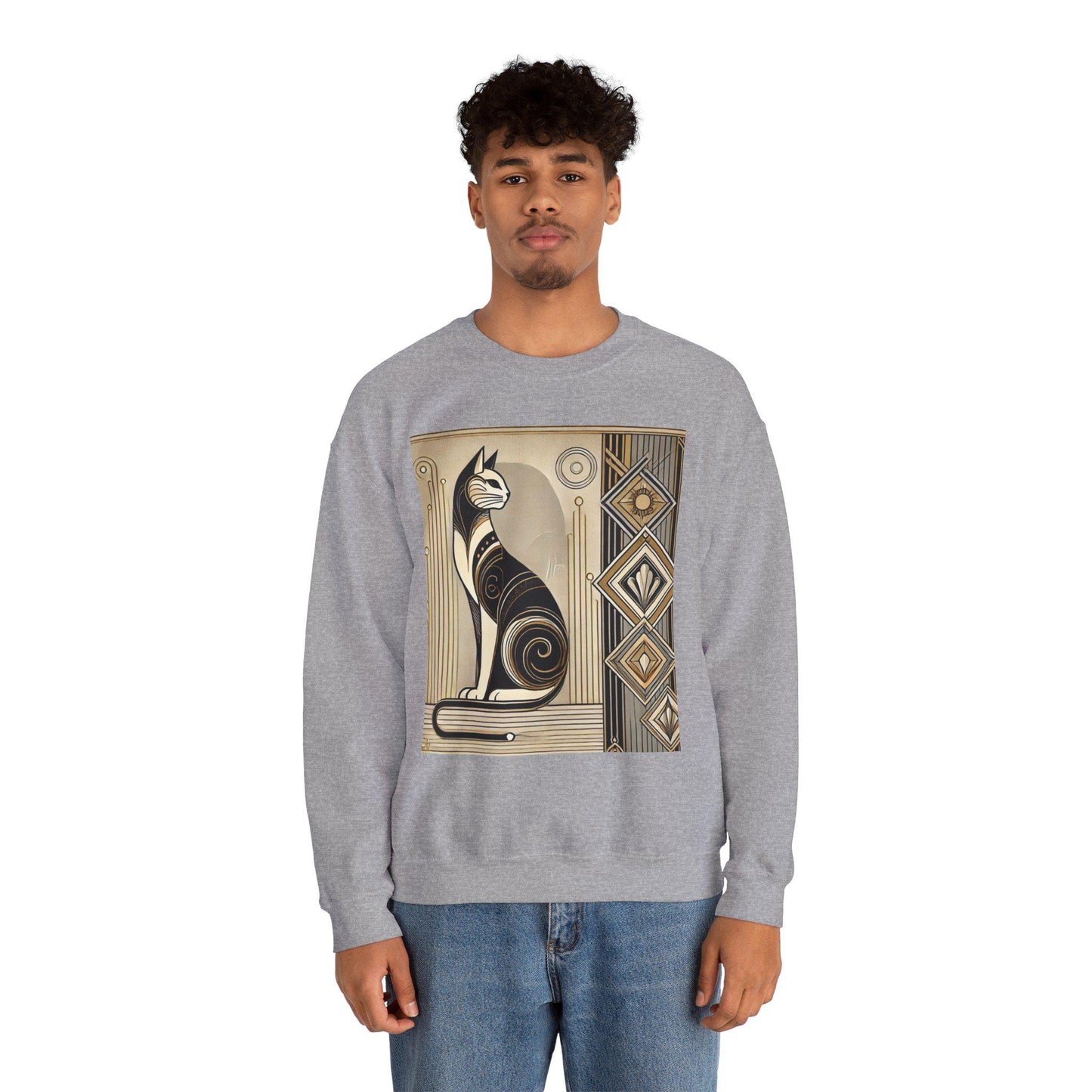 Cat Sweatshirt, Art Deco Design, Unisex Crewneck Jumper, Vintage Pullover, Gift for Cat Lover, Retro Style