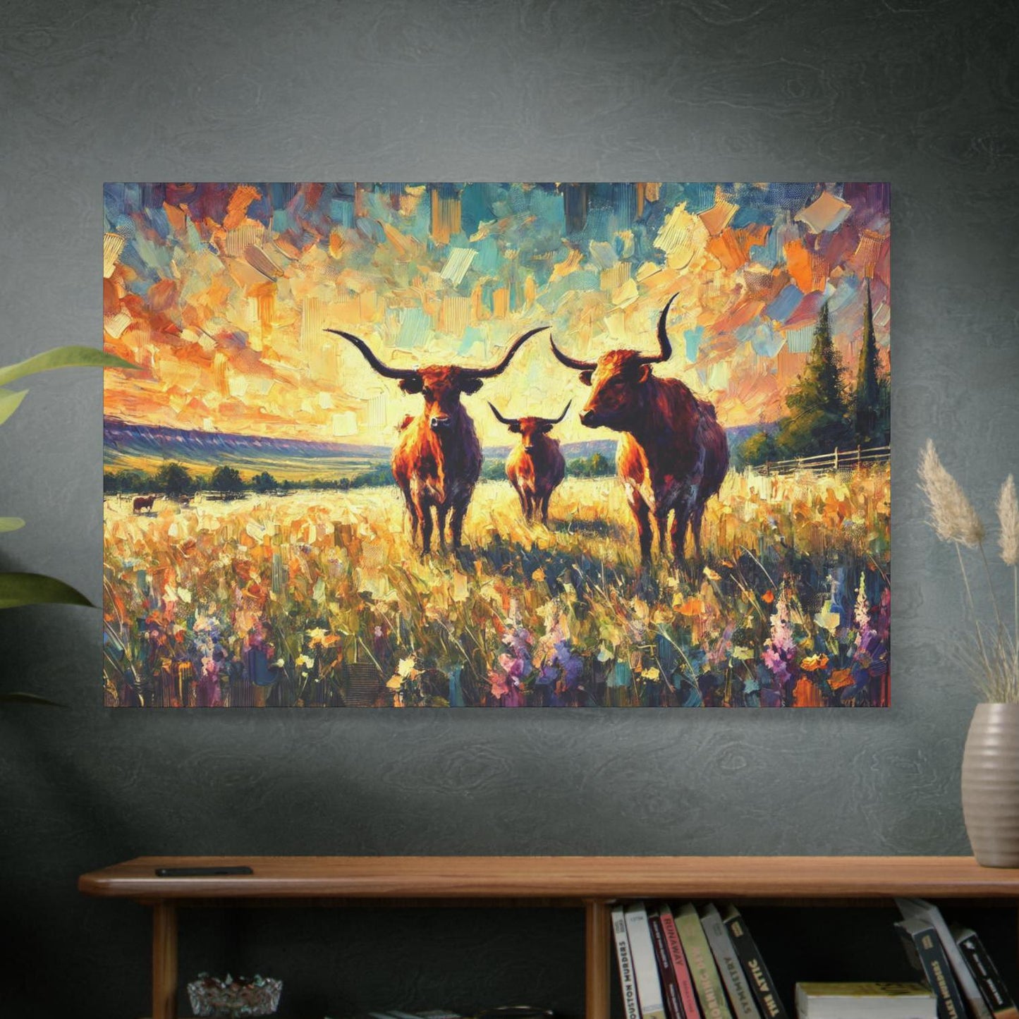 Original Texas Hill Country Longhorn Canvas Print, Matte Stretched Art, 7 Sizes Available, Wall Decor, Landscape Painting, Home Office Decor