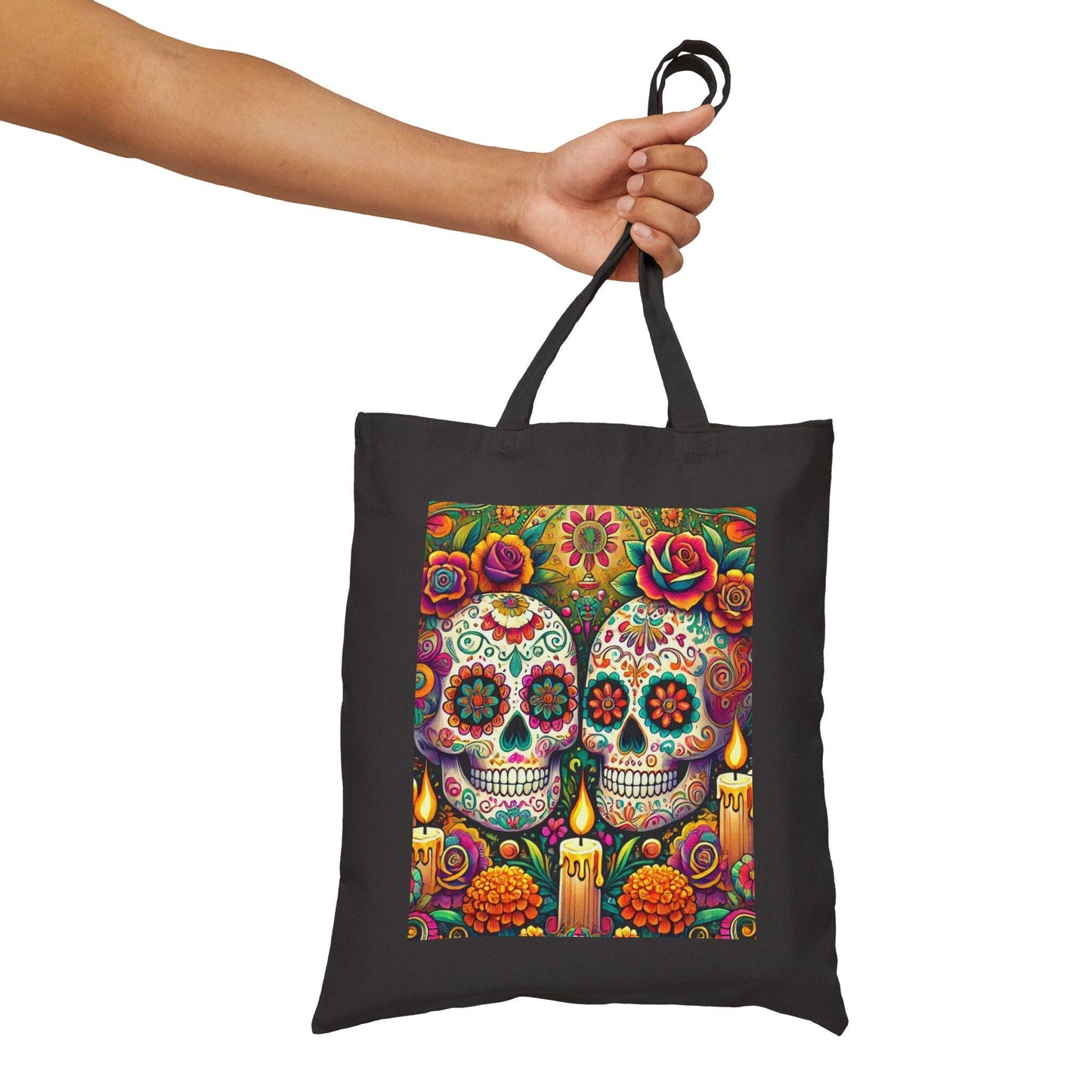 Sugar Skulls Cotton Canvas Tote Bag, Day of the Dead, Durable Market Bag, Boho Shopping Tote, Reusable Grocery Bag, Eco-Friendly Bag