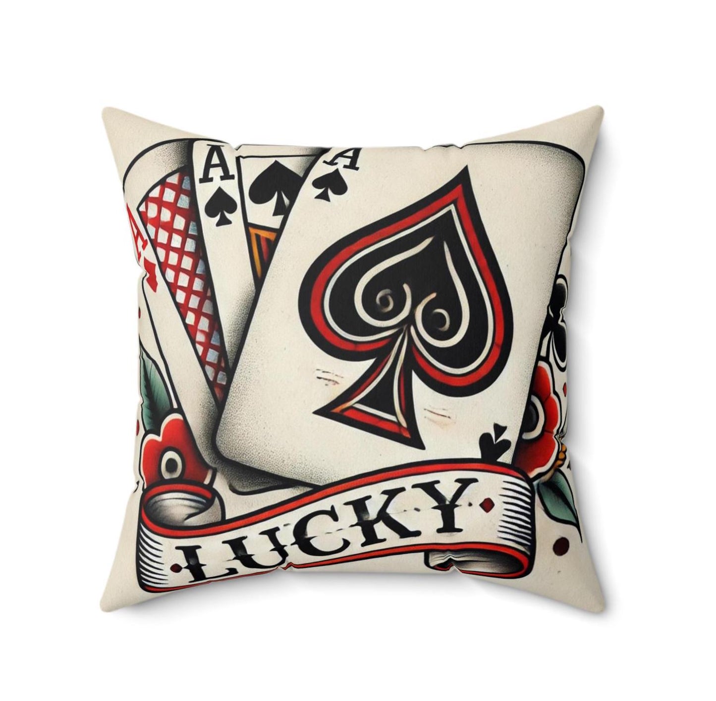 Square Pillow, Vintage Tattoo LUCKY Design, Retro Charm, Housewarming Gift, Spun Polyester Cushion Cover, Tattoo Lover, Soft Throw Pillow