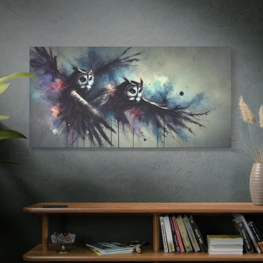 Matte Canvas Art Print, Original Abstract Watercolor Dark Arts Owls Portrait, 7 Sizes, Modern Stately Home & Office Decor, Housewarming Gift