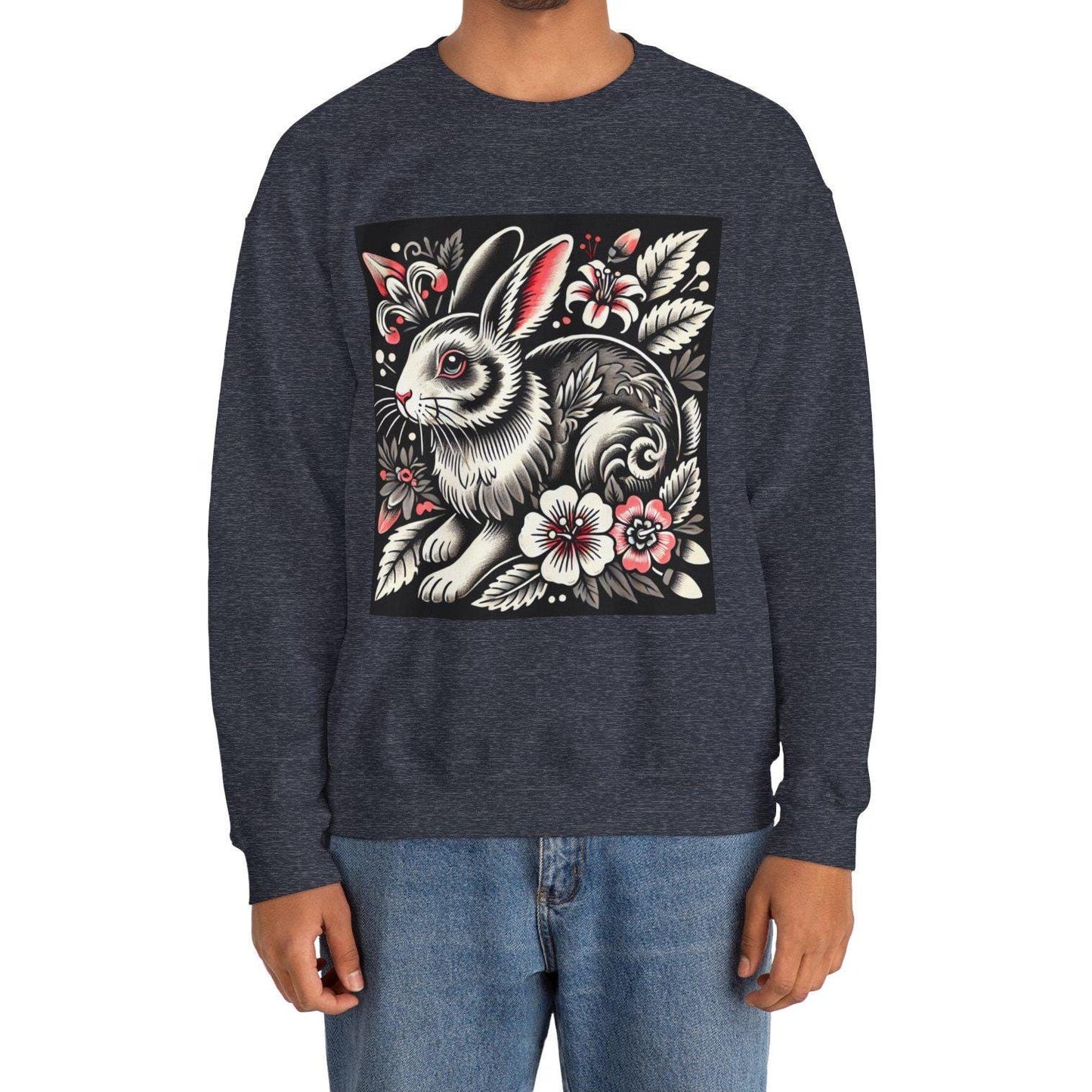 Rabbit Sweatshirt, Vintage Tattoo Design, Unisex Crewneck Jumper, Rabbit Pullover, Gift for Animal Lover, Retro Style, Rabbit Mom