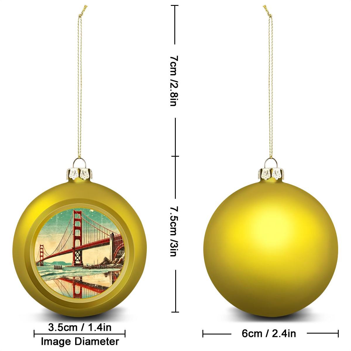Ornament Set of 2 or 4, Festive Holiday Decor, Christmas Ball Decoration, Custom Golden Gate Bridge Design, San Francisco California Gift