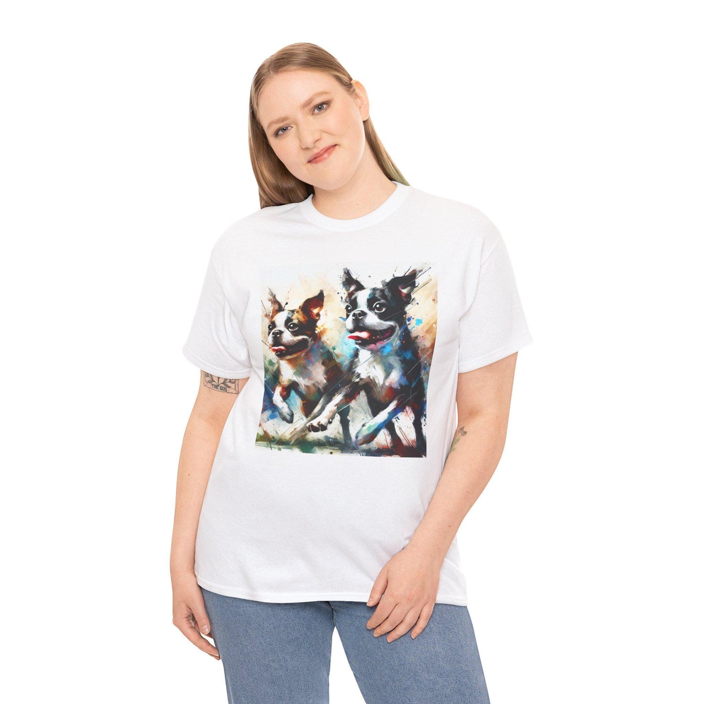 Dog Tee, Boston Terrier Modern Watercolor Design, Unisex LGBT Boston Dog Lover Gift, Gay Graphic Top, Unisex Heavy Cotton T-shirt, 7 Colors