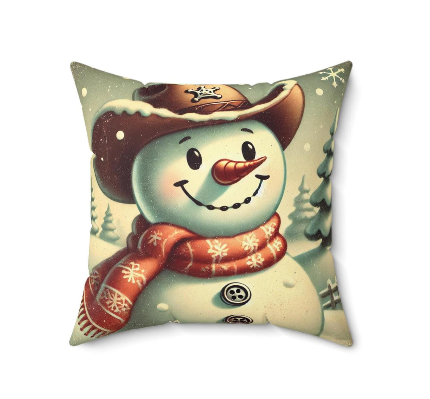 Christmas Pillow Frosty Cowboy Snowman (14"x14" Square), Holiday Gifts, Christmas Village, Season's Greetings