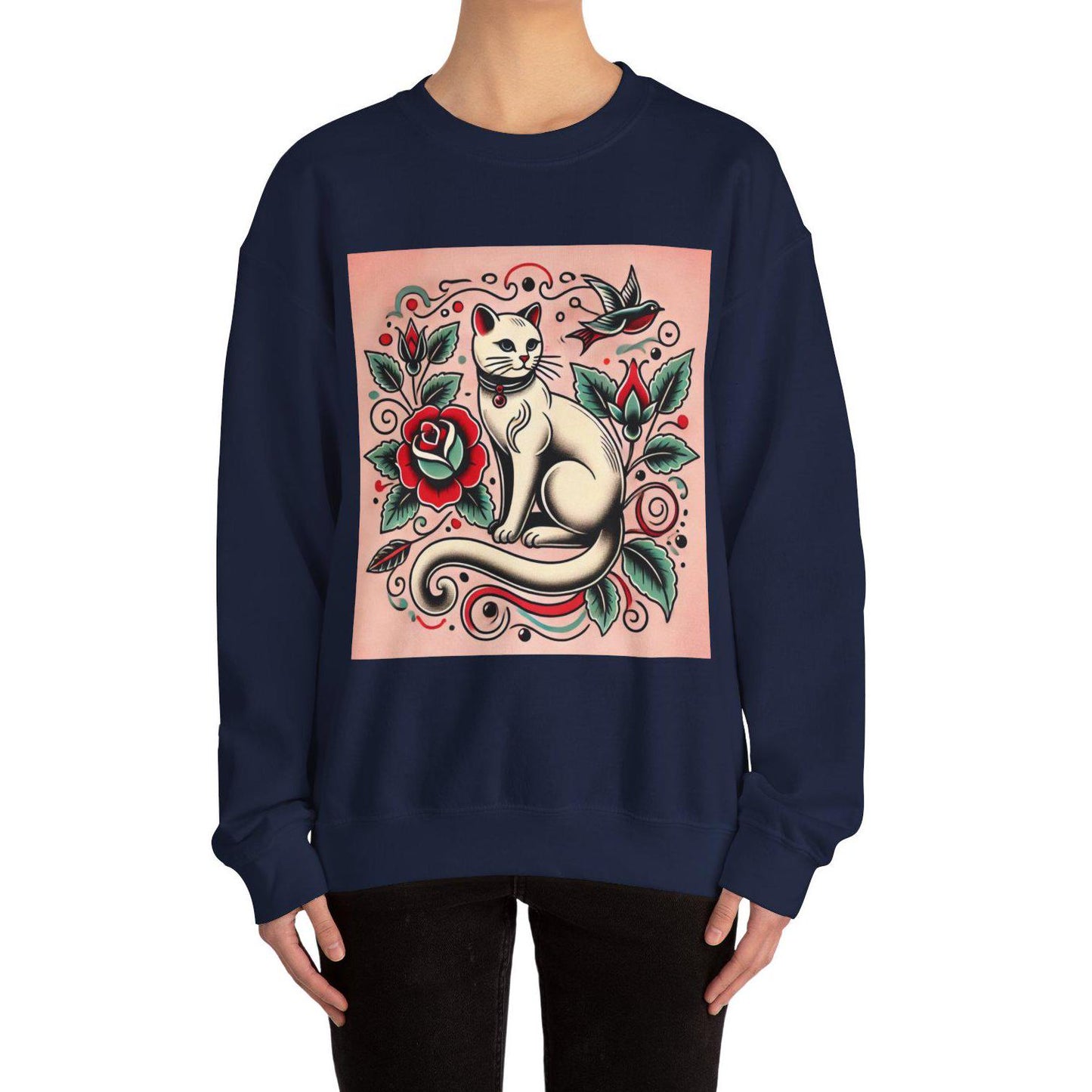 Cat Sweatshirt, Vintage Tattoo Design, Unisex Crewneck Jumper, Bee Pullover, Gift for Cat Lover, Retro Style, Cat Parent