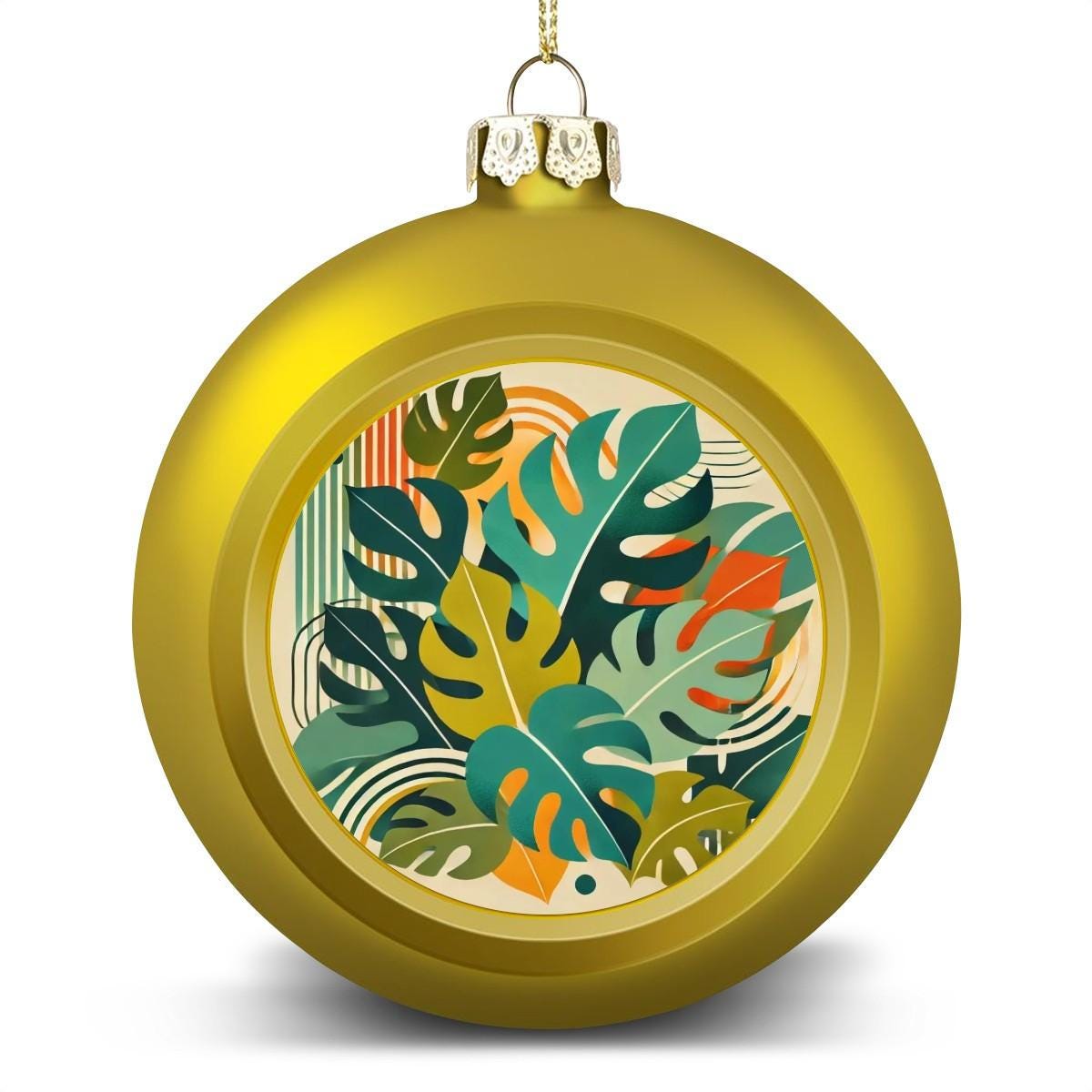 Ornament Set of 2 or 4, Festive Holiday Decor, Christmas Ball Decoration, Custom Mid-Century Modern Monstera Design, Unique Plant Lover Gift