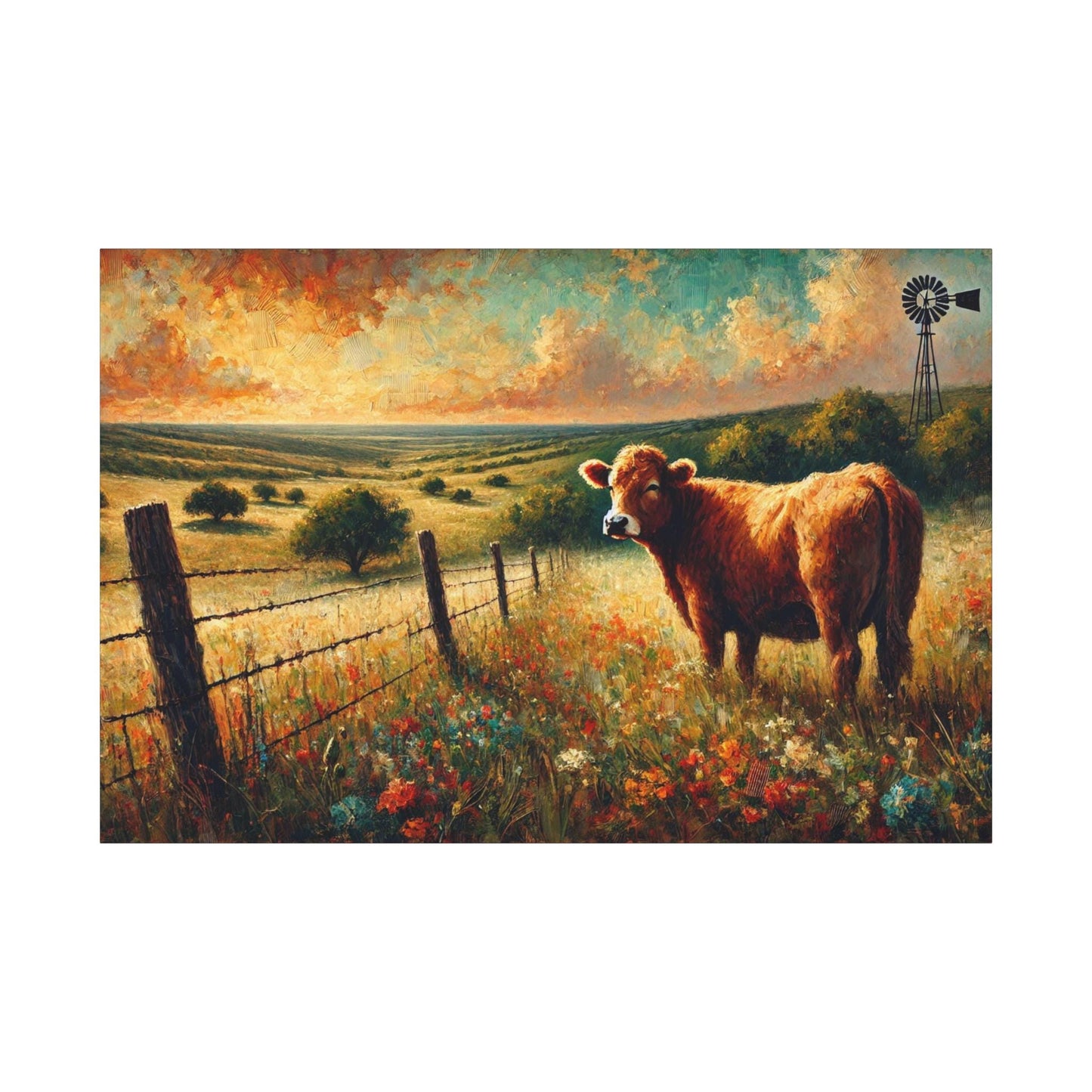 Impressionist Hill Country Canvas Cow Print, Matte Stretched Art, 7 Sizes Available, Wall Decor, Landscape Painting, Home Office Decor