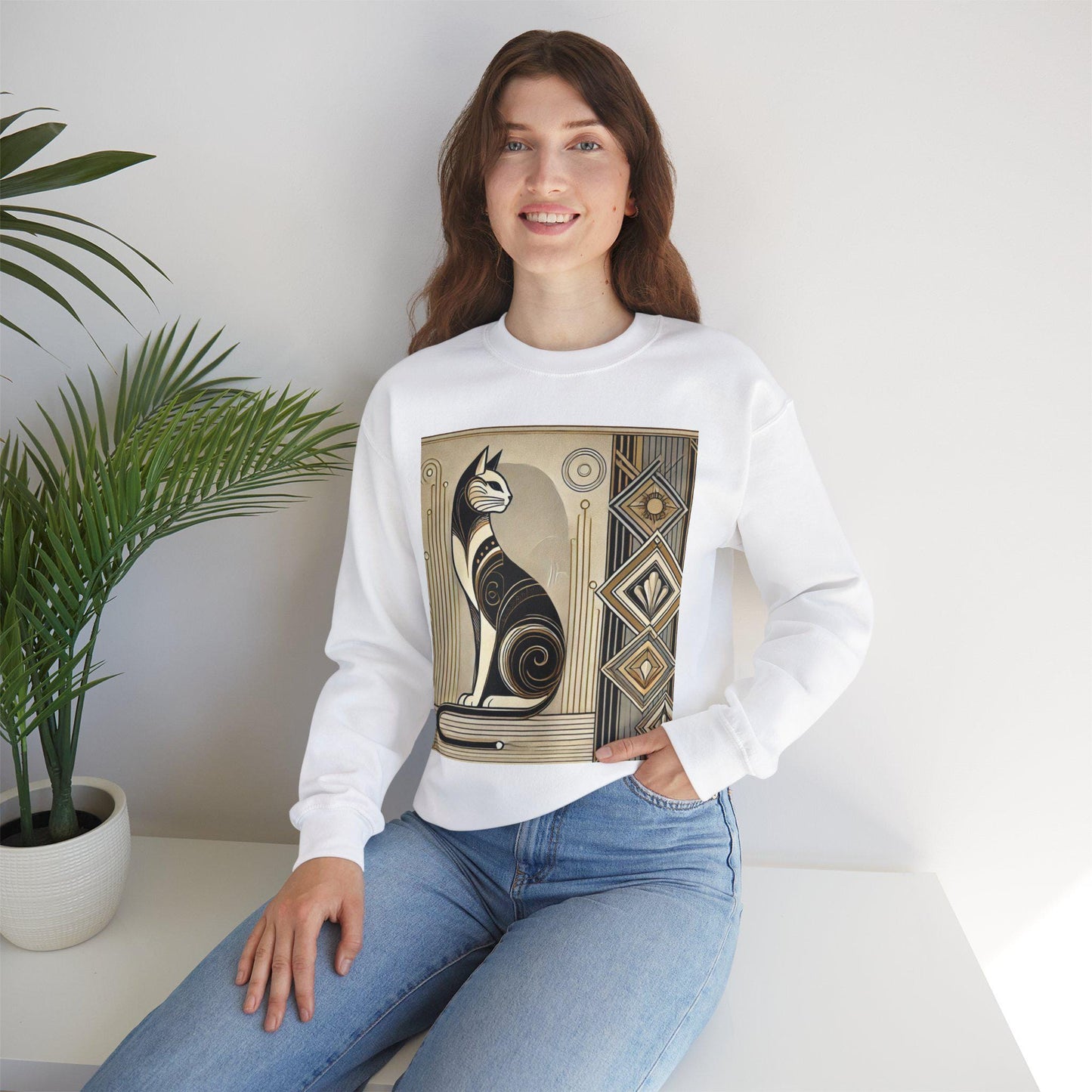 Cat Sweatshirt, Art Deco Design, Unisex Crewneck Jumper, Vintage Pullover, Gift for Cat Lover, Retro Style