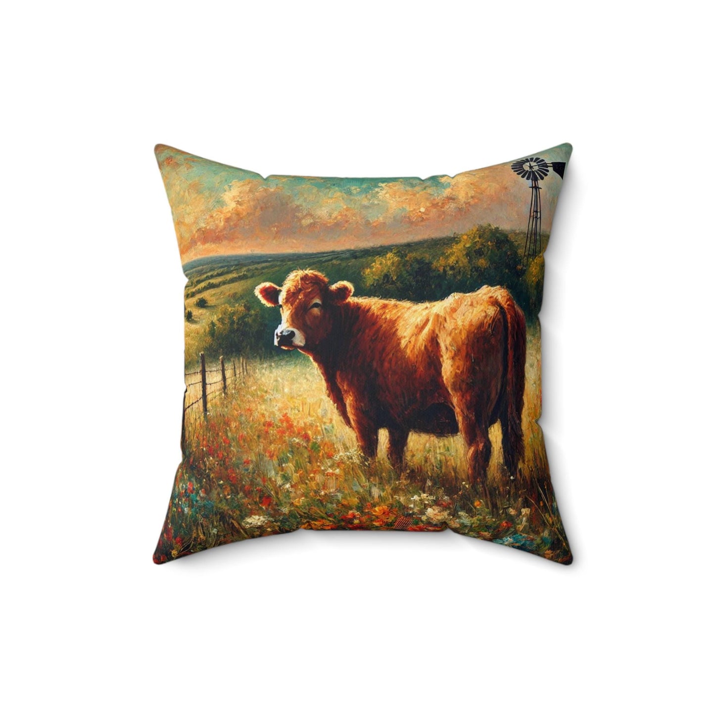 Square Pillow Modern Texas Hill Country Cow Design, Housewarming Gift, Rustic Charm, Soft Throw Pillow, Home Decor, Art Lover Gift