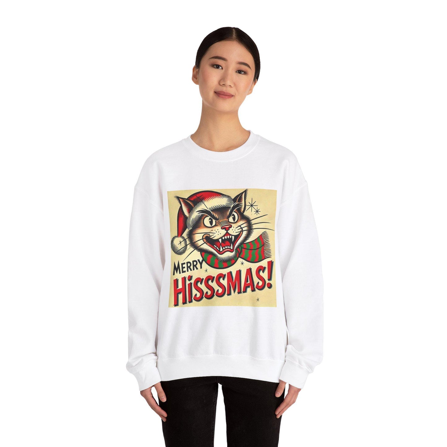 Funny Christmas Cat Unisex Heavy Blend™ Crewneck Sweatshirt, Merry HIsssmas, Cat Lovers Gift, Cat Parents