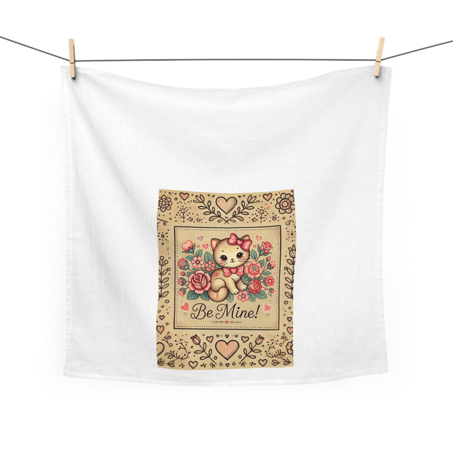 Valentine's Tea Towel - Cute Vintage-Style Kitten Be Mine Floral Design, Rustic Dish Towel, Holiday Farmhouse Kitchen Towel, Sweetheart Gift