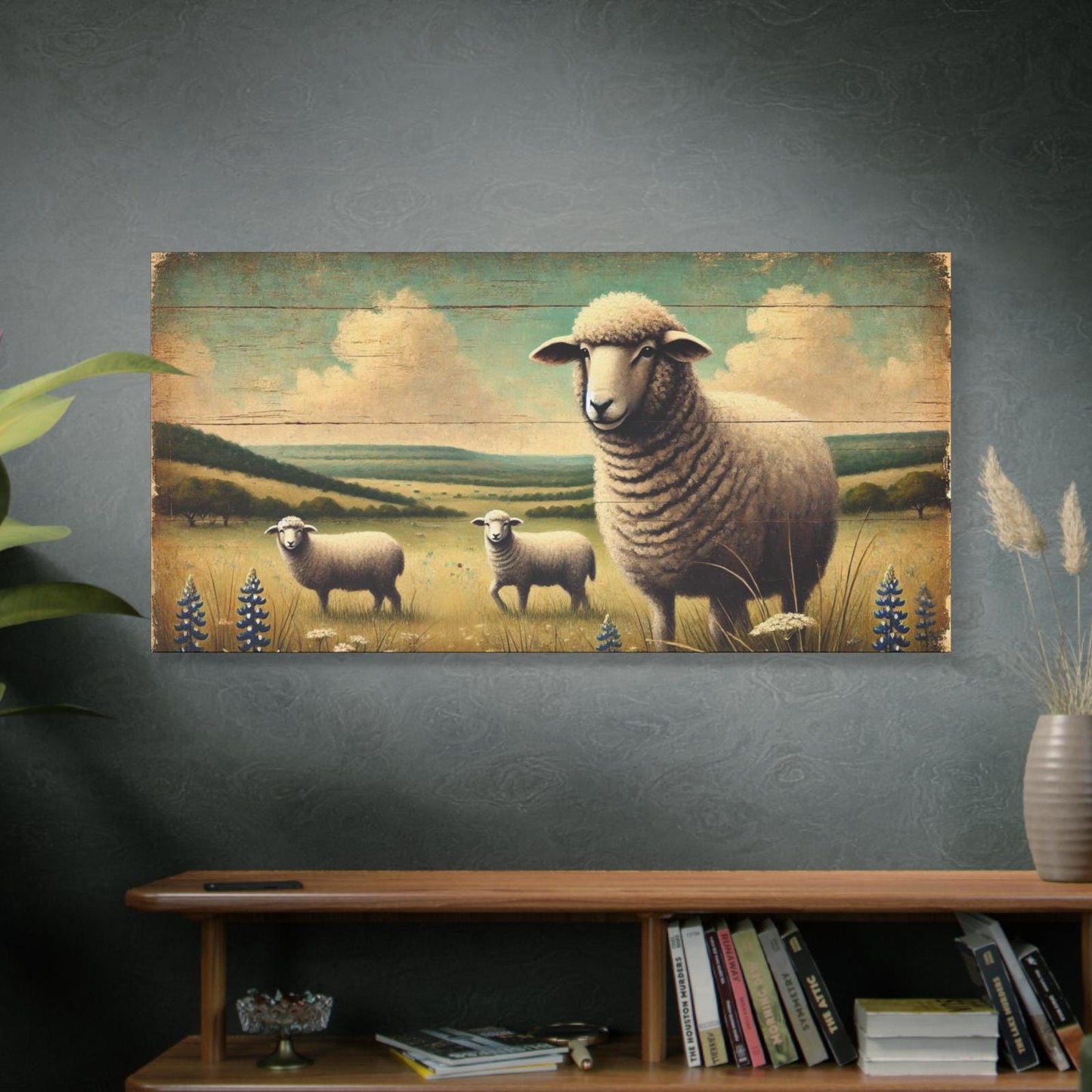 Original Primitive Folk Art Sheep Canvas Print, Matte Stretched Art, 7 Sizes Available, Wall Decor, Landscape Painting, Home Office Decor