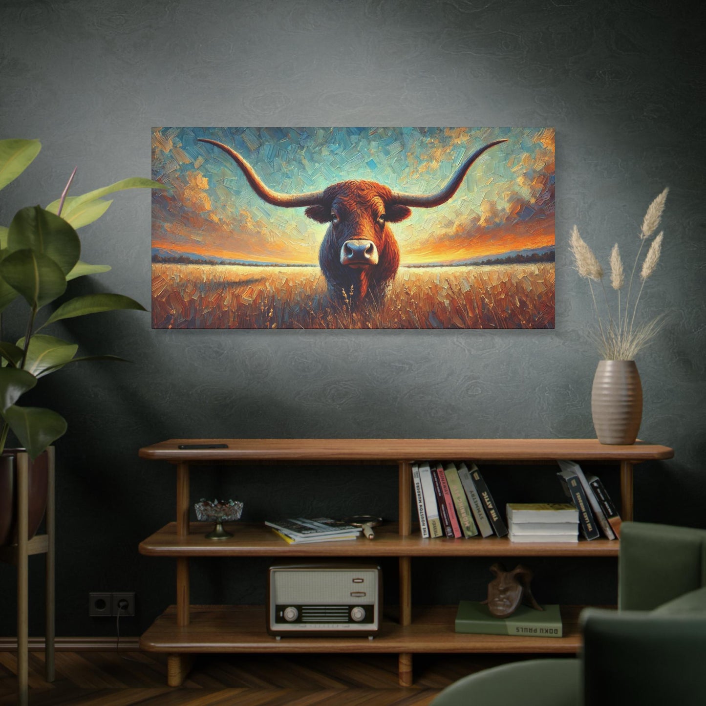 Original Impressionist Longhorn Canvas Print, Matte Stretched Art, 7 Sizes Available, Wall Decor, Landscape Painting, Home Office Decor