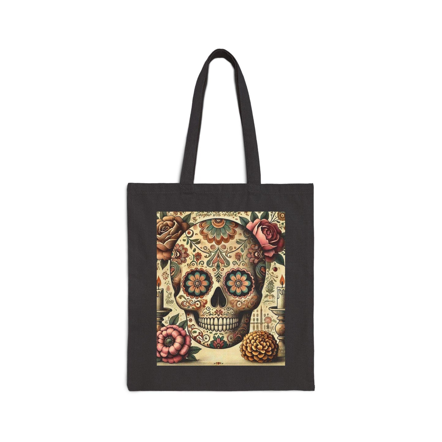 Sugar Skulls Cotton Canvas Tote Bag, Day of the Dead, Durable Market Bag, Boho Shopping Tote, Reusable Grocery Bag, Eco-Friendly Bag