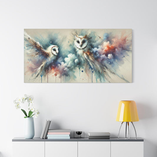 Matte Canvas Art Print, Original Abstract Watercolor BrightOwls  Portrait, 7 Sizes, Modern Stately Home Decor, Owl Housewarming Gift