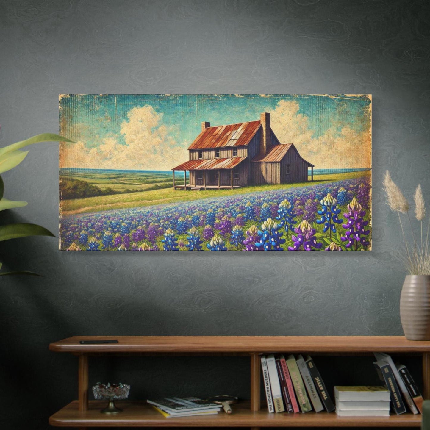 Original Primitive Folk Farm House Canvas Print, Matte Stretched Wall Art, 7 Sizes Available, Landscape Painting, Home Office Decor