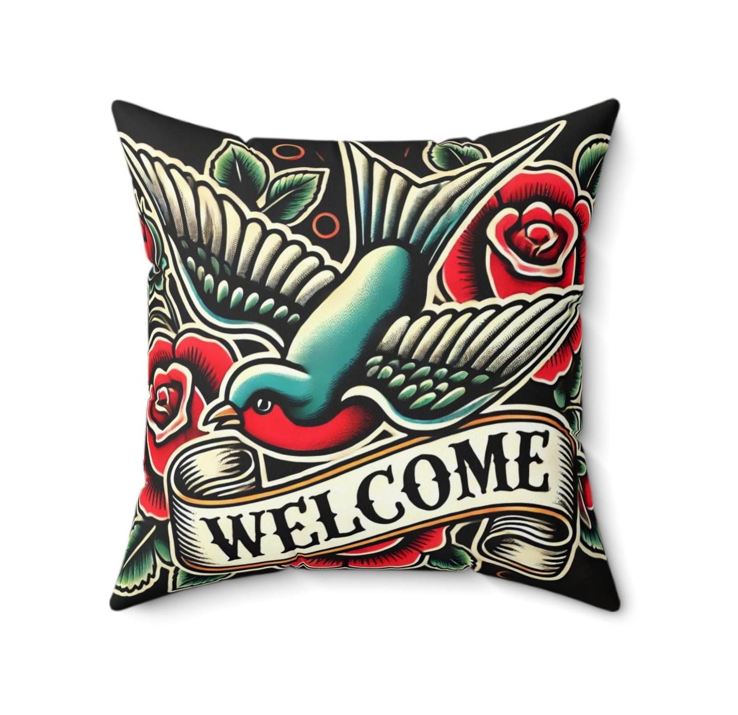 Square Pillow, Vintage Tattoo WELCOME Design, Retro Charm, Housewarming Gift, Spun Polyester Cushion Cover, Tattoo Lover, Soft Throw Pillow